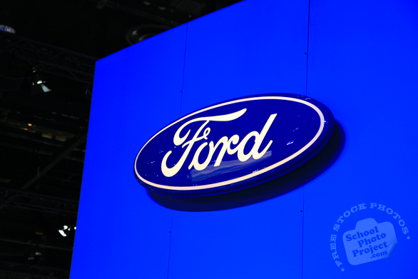 Ford Motor Company logo, Ford brand, display stand, Chicago Auto Show, stock photos, free images, royalty free pictures