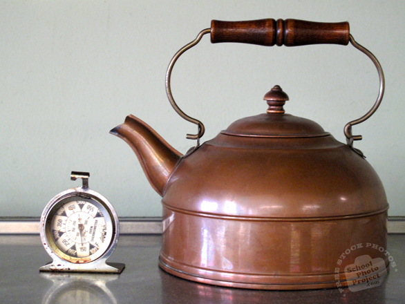 kettle, copper kettle, teapot, old temperature clock, tableware, silverware, kitchenware, kitchen appliances, cooking tools, free stock photo, free picture, stock photography, stock image, royalty-free image