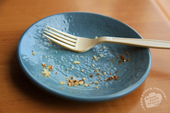 empty plate, plastic fork, cake crumbs, free stock photo, free picture, royalty-free image