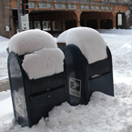 USPS collection boxes, mailboxes, snow pile, blizzard, snowstorm, winter season, nature photo, free stock photo, free picture, stock photography, royalty-free image