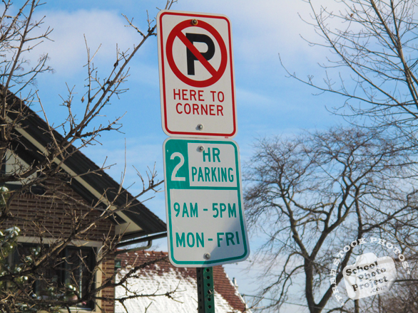no parking sign, no parking here to corner sign, 2 hour parking, street sign, traffic sign, free stock photo, free picture, stock photography, royalty-free image