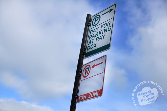 pay-for-parking at pay box sign, parking sign, no parking sign, tow zone sign, street sign, traffic sign, free stock photo, free picture, stock photography, royalty-free image