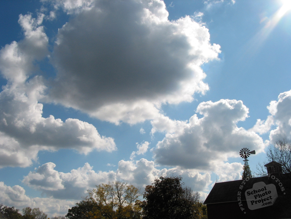 cumulus clouds, farmhouse, windmill, clouds, sky, cloudscape, weather, free foto, free photo, stock photos, picture, image, free images download, stock photography, stock images, royalty-free image