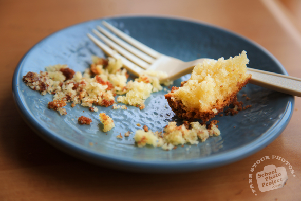 pound cake crumbs on plate, plastic fork, free stock photo, free picture, royalty-free image