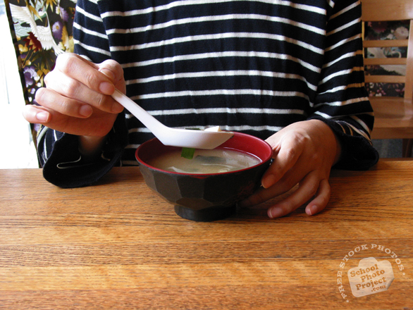 drinking miso soup, soup, Japanese Food, bowl, soup spoon, table, free photo, stock photos, royalty-free image