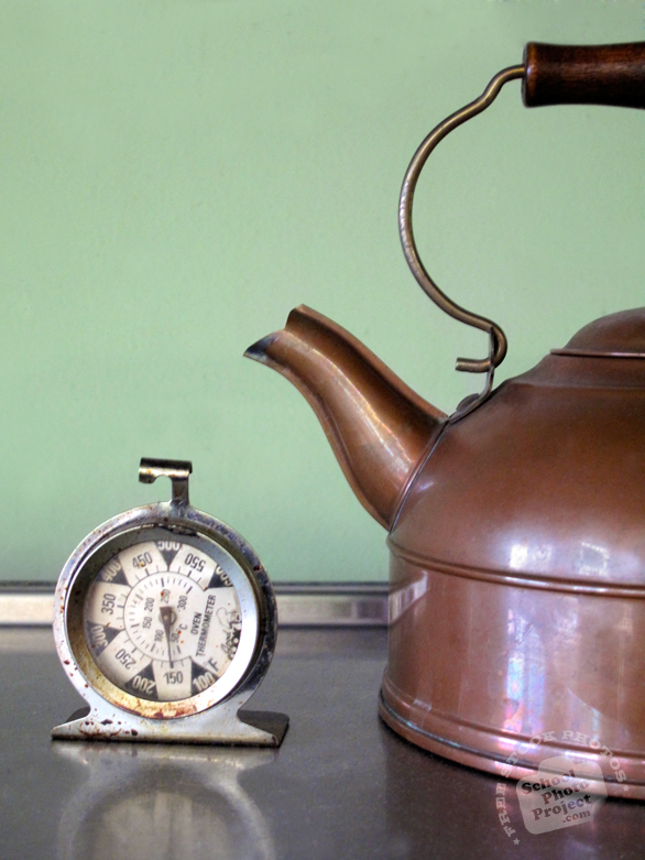 kettle, copper kettle, teapot, temperature clock, tableware, silverware, kitchenware, kitchen appliances, cooking tools, free stock photo, free picture, stock photography, stock image, royalty-free image