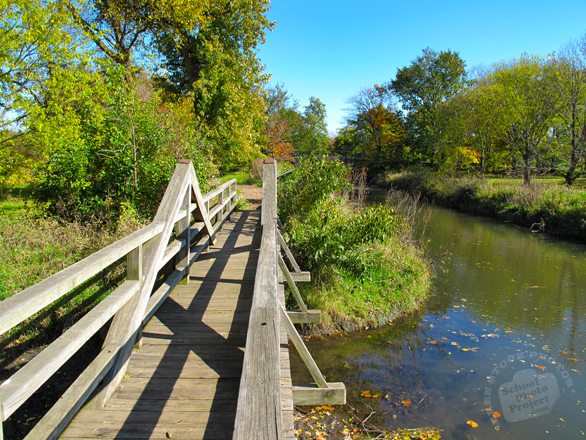 wooden bridge, creek, vegetation, sunny sky, fall season foliage, panorama, nature photo, free stock photo, free picture, stock photography, royalty-free image