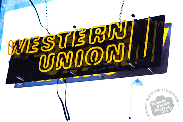 Western Union logo, Western Union neon sign, Western Union brand, corporate identity image, logo photo, free logo mark, free stock photo, free picture, royalty-free image