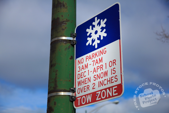 snow tow zone sign, no parking sign, weather sign, road sign, traffic sign, free stock photo, free picture, stock photography, royalty-free image
